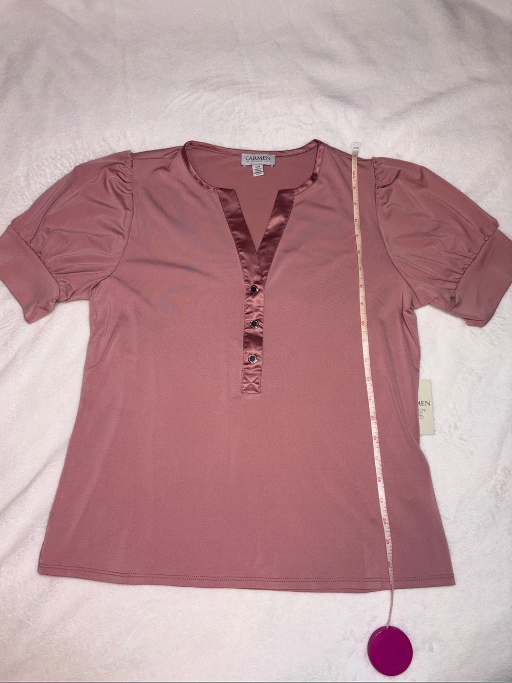 Carmen Marc Valvo Rose Satin-Trim Short Sleeve Blouse - Picture 3 of 6